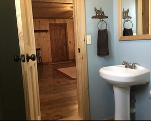 Enter a serene space with a door leading to a room featuring a sink, mirror, and wooden flooring.