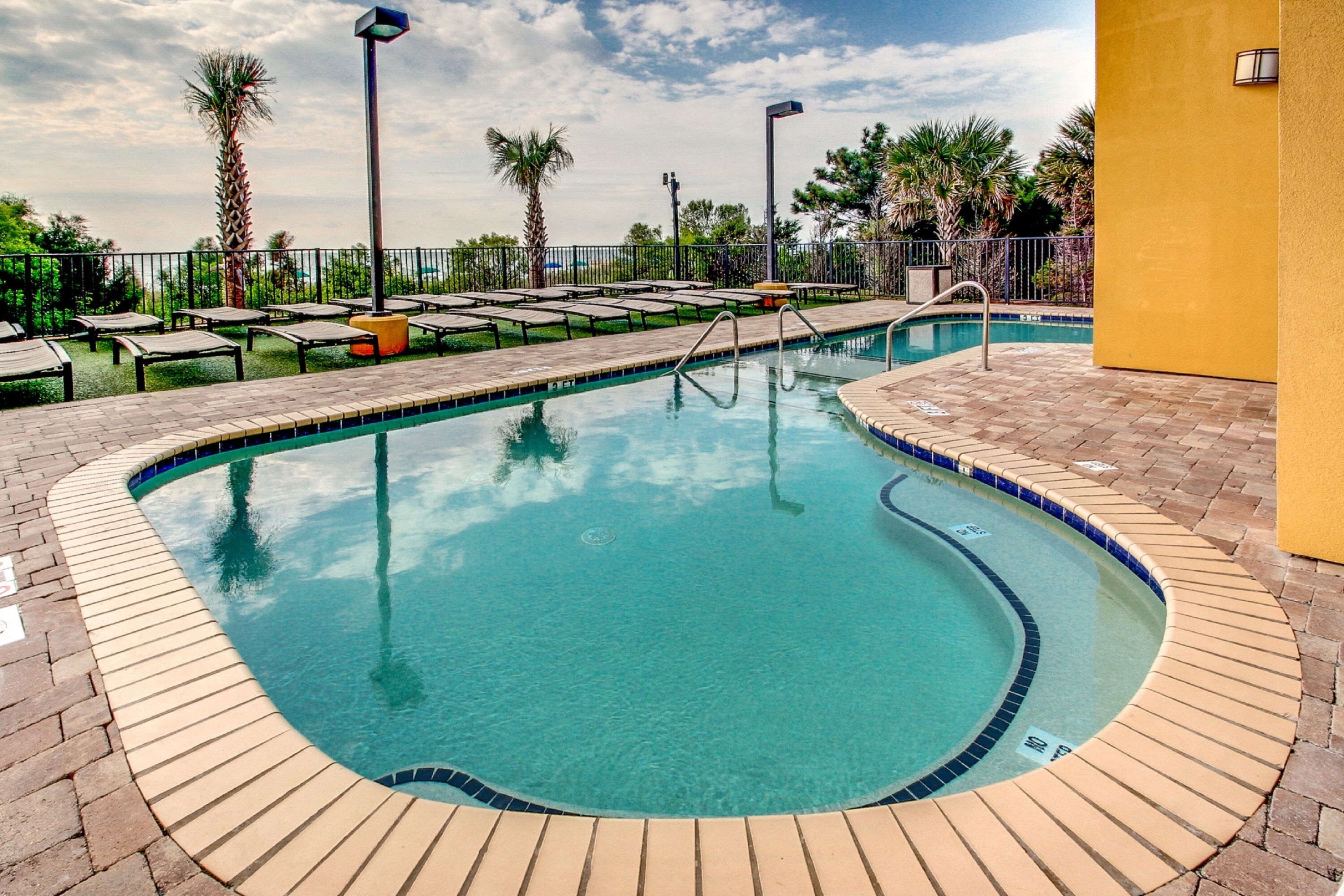 A swimming pool with a tiled edge, surrounded by lounge chairs and palm trees.