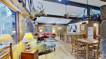 Smart TV, fireplace, DVD player, books