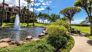 Un hotel con fuente de agua, palmeras y césped cuidado.