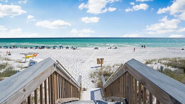 A wooden boardwalk leading to a beach with clear skies and calm waters. -  GULF FRONT on 30A with Beach setup! (Santa Rosa Beach)