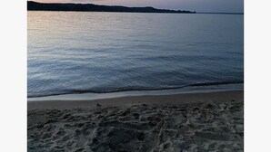 A beach with a calm sea, a sandy shore, and a distant landmass. - Torch Lake Sandbar Directly Across the Street With Indoor Boat Slip Unit A (Rapid City)