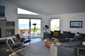 TV connectée, cheminée, livres, chaîne hi-fi