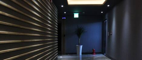 A modern hallway with a reflective floor, a potted plant, and a fire extinguisher.