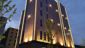 A tall hotel building with illuminated signage reading "AMARE HOTEL" and "AMARE TOURS". - Amare Hotel (Daegu)
