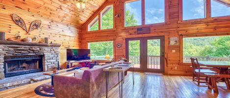 Smart TV, fireplace, books