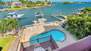 A marina with boats docked, a swimming pool, and a view of the surrounding area. - Waterfront Escape—Private Pool, Game Room, Hot Tub & Dockside Views Near Indian Rocks Beach (Indian Rocks Beach)