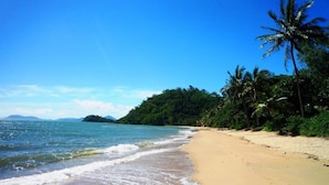 Ein Strand mit klarem, blauem Wasser, sandigem Ufer und Palmen.