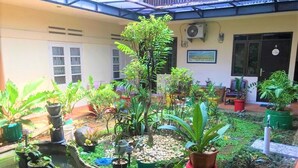 A courtyard with a small pond, various potted plants, and a building with a door and windows. - Poetri Guest House Syariah (Bogor)
