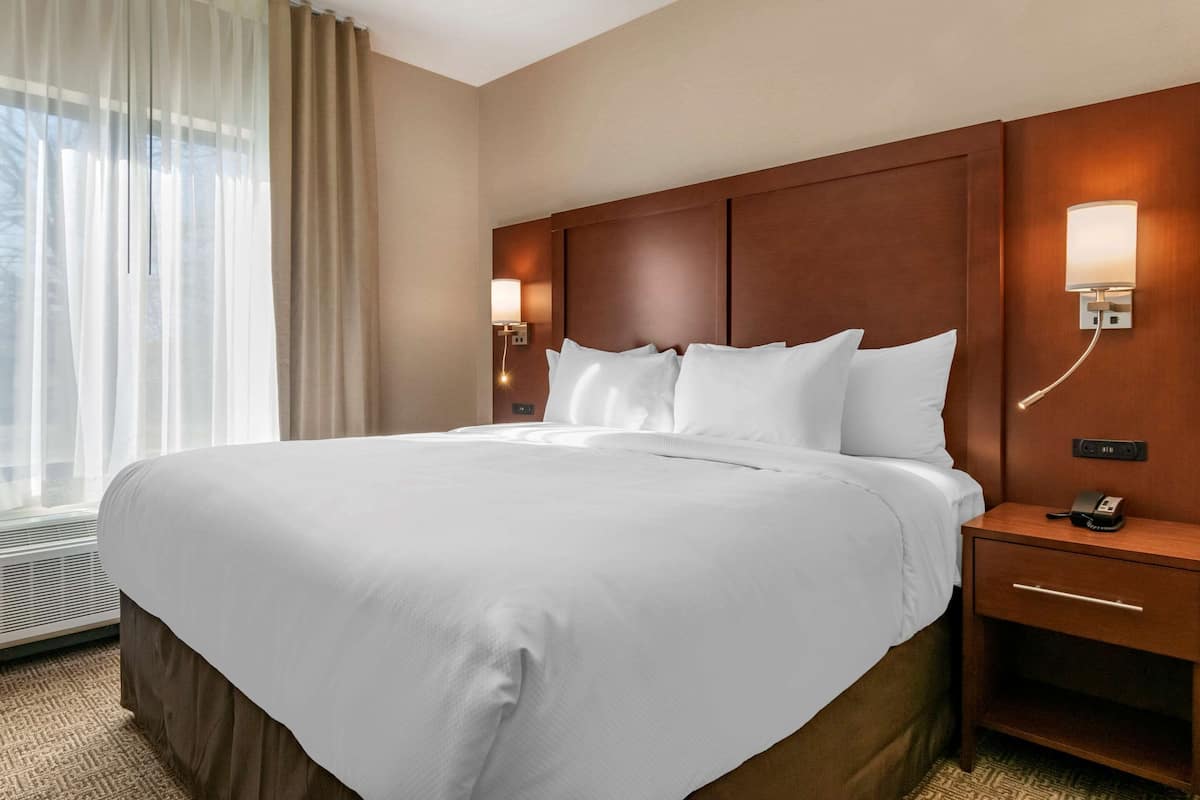 Quarto de hotel com uma cama grande, mesa de cabeceira com abajur e janela com cortinas.