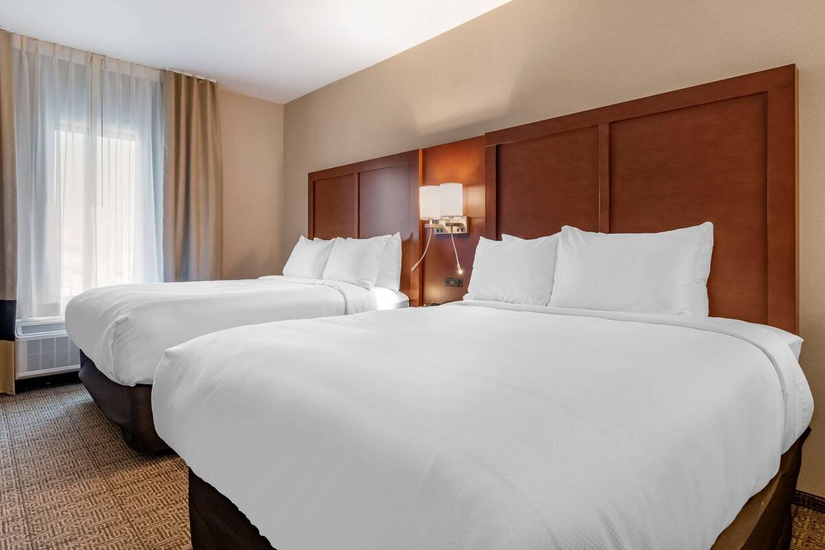 Quarto de hotel com duas camas, uma janela grande com cortinas, uma luminária na parede e piso coberto por carpete.