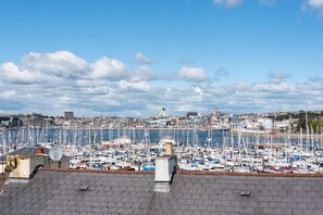 En havn fyldt med både, en bysilhuet i baggrunden og en klar himmel.
