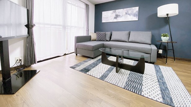 A modern living room with a grey sofa, a glass coffee table, a patterned rug, a floor lamp, and a TV on a stand. - OUCHI HOTEL Itsukaichi (Hiroshima)