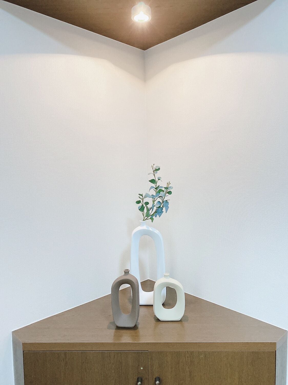 A corner of a room with a wooden cabinet, a white vase with a plant, and two abstract vases.