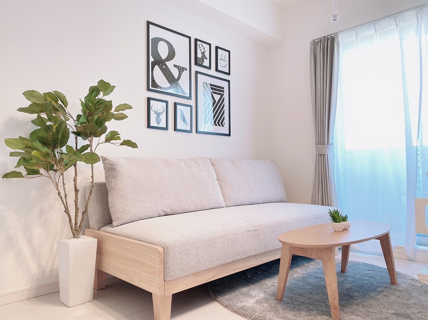 En moderne stue med sofa, sofabord og en potteplante.