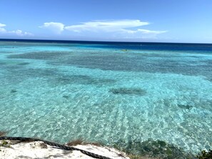 Vista despejada de una playa con aguas turquesas poco profundas y una orilla arenosa.