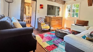 A cozy living room with a fireplace, a television, and a colorful rug. - Gite l'Erisa (Annebault)