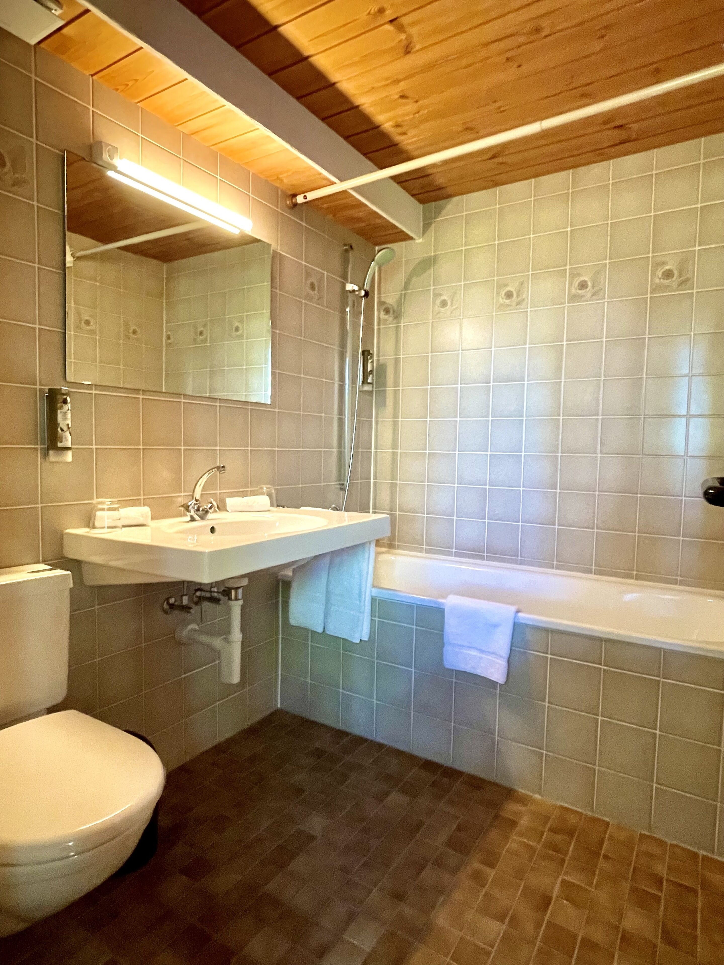 A bathroom with a toilet, sink, mirror, and shower.