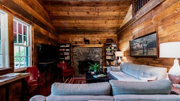 Smart TV, fireplace, DVD player, books