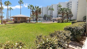 Pátio de hotel com piscina, palmeiras e uma construção com telhado de palha.