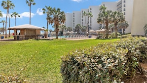 Pátio de hotel com piscina, palmeiras e uma construção com telhado de palha.