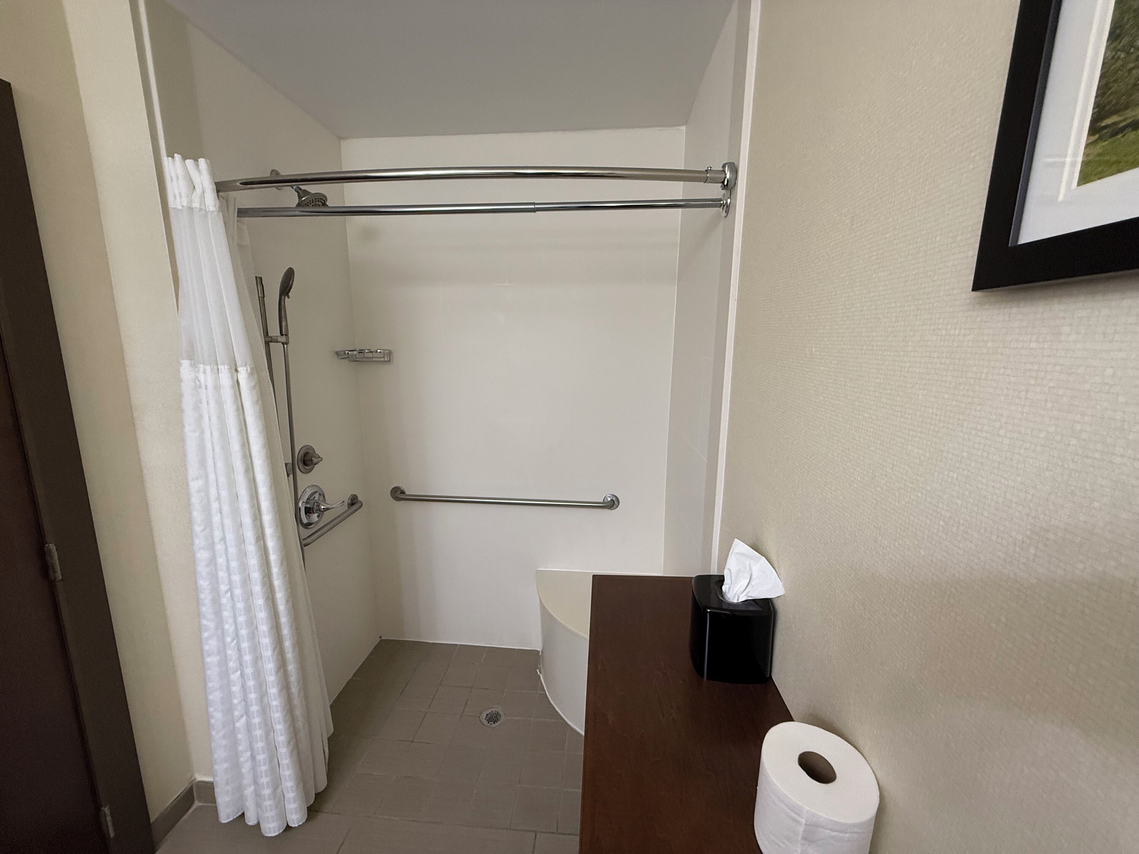 Un baño con ducha, inodoro, toallero y caja de pañuelos.