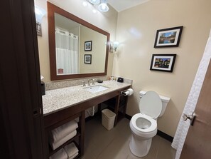 A bathroom with a sink, mirror, toilet, and two framed pictures on the wall. - Giles Hotel Inn & Suites (Pulaski)