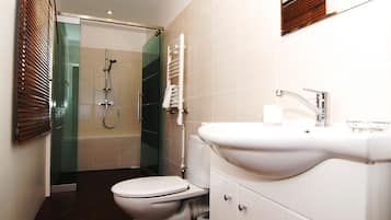 Shower, eco-friendly toiletries, hair dryer, towels