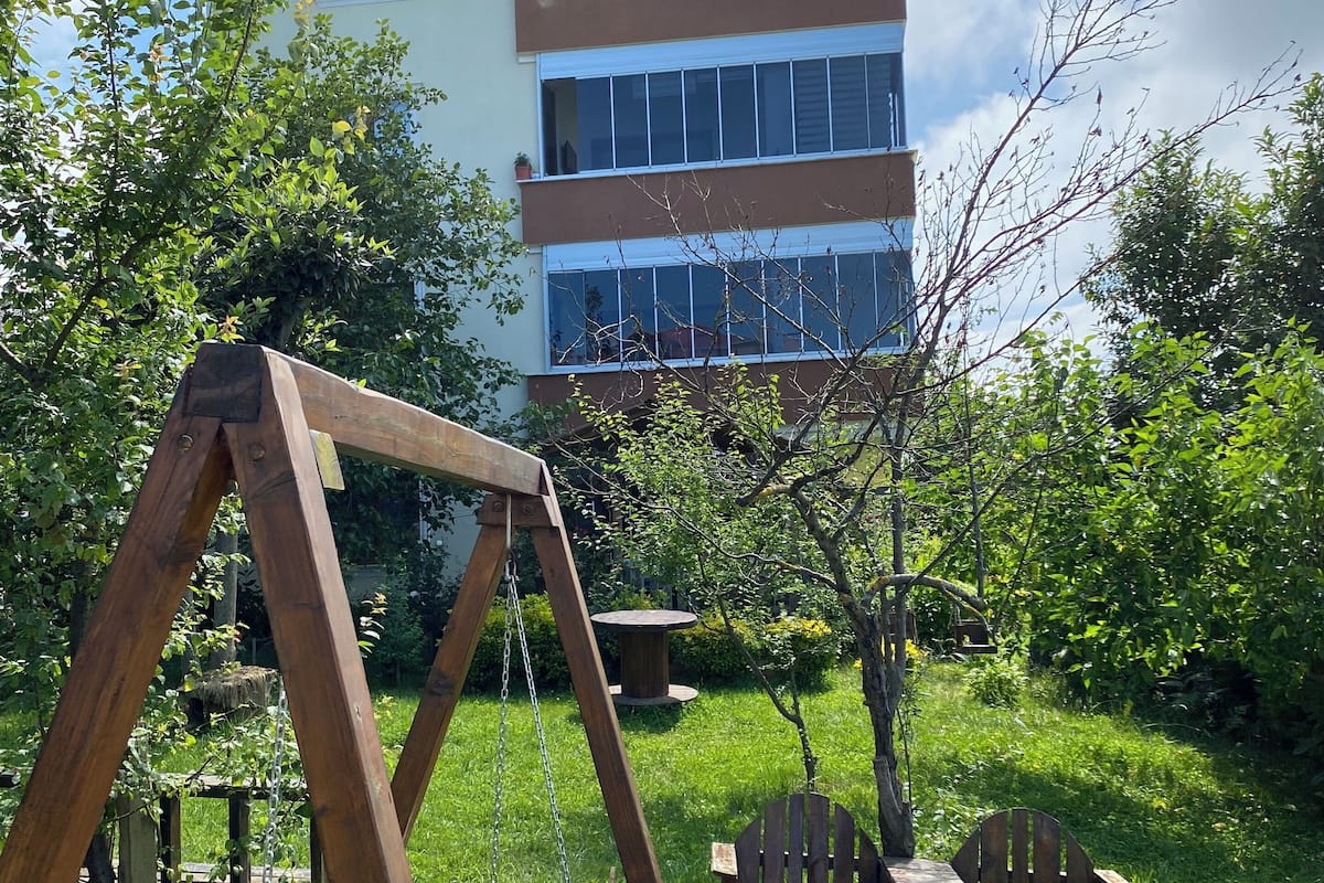 Un columpio de madera y dos sillas Adirondack en un patio trasero con césped, con un edificio moderno al fondo.