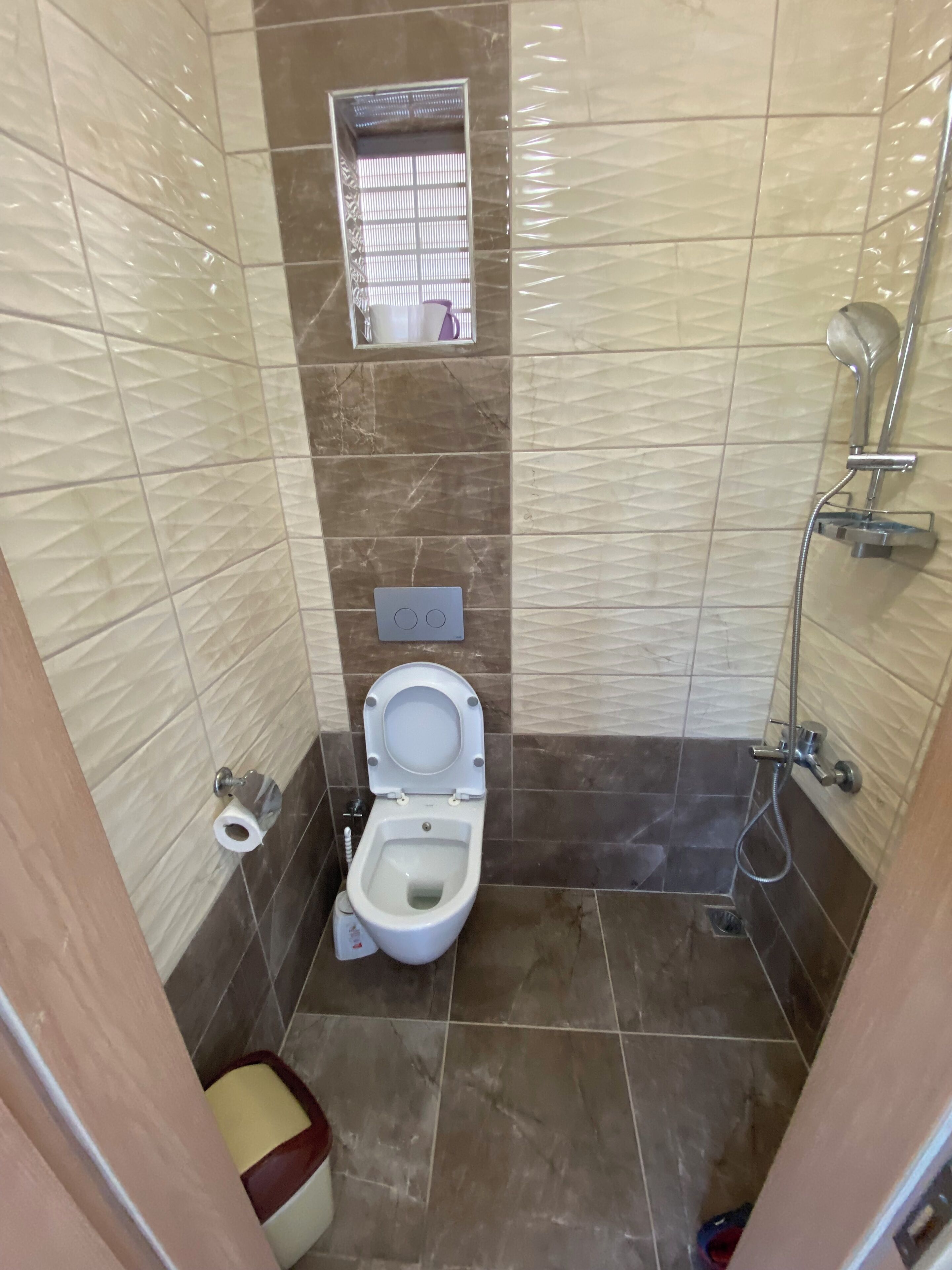 Een kleine badkamer met een toilet, douche en spiegel.