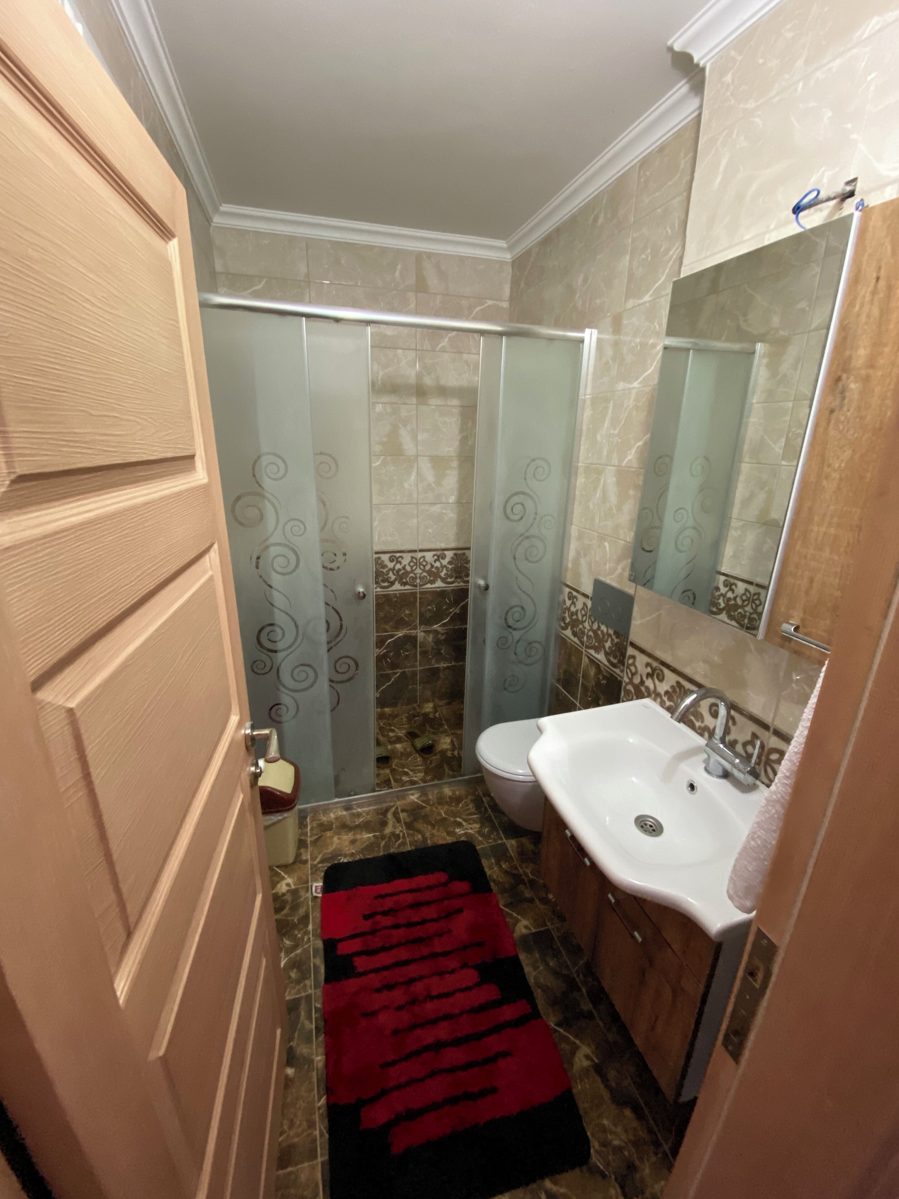 Un baño con un lavamanos blanco, un inodoro y una ducha con puerta de vidrio. Hay una alfombra roja en el suelo y una puerta de madera.