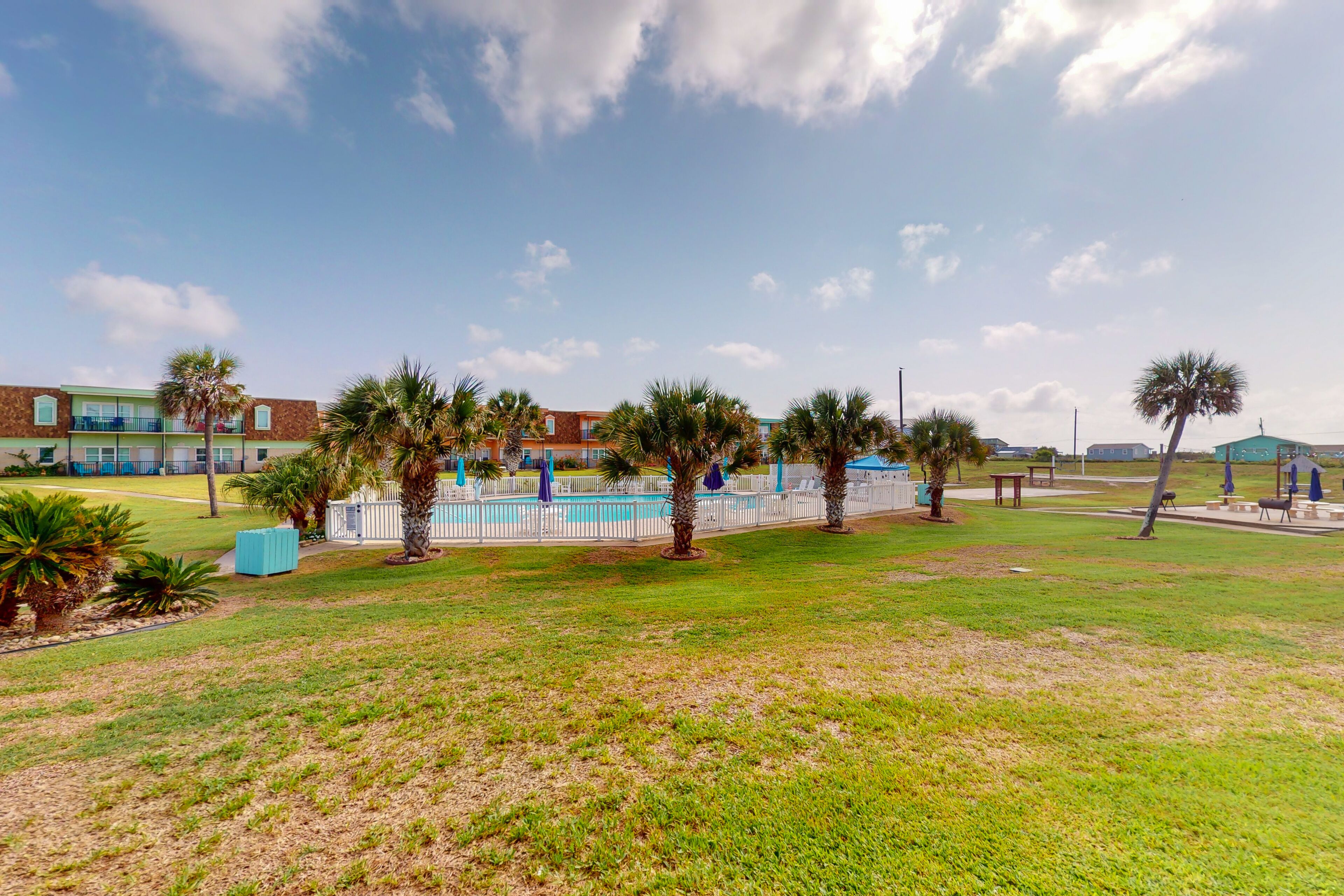 A grassy area with palm trees, a pool, and a building with a white fence.
