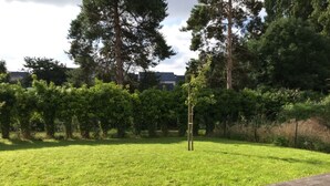 Un giardino sul retro con prato, un patio in legno, circondato da alberi fitti e un siepe.
