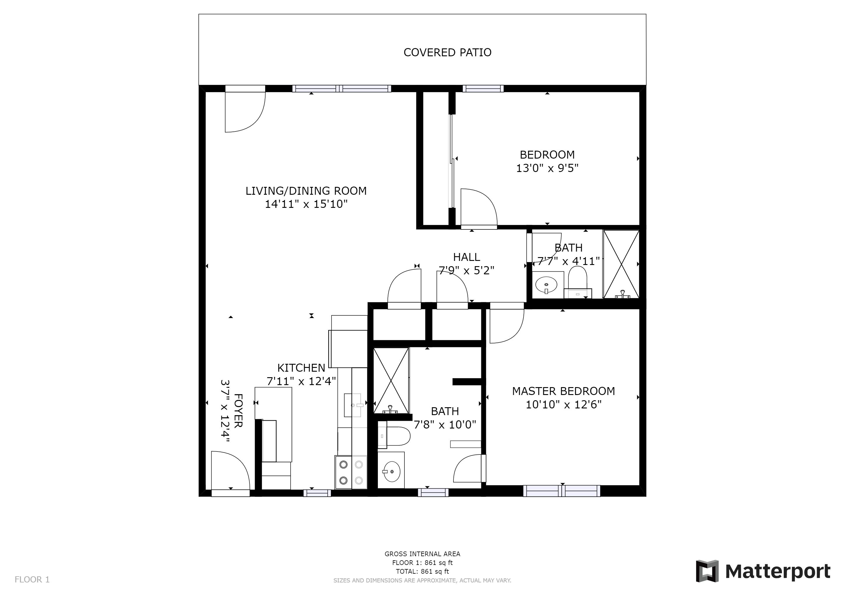 Ein Grundriss eines Hauses mit überdachter Terrasse, das ein Wohn-/Esszimmer, eine Küche, ein Schlafzimmer, zwei Badezimmer, einen Flur und einen Eingangsbereich umfasst.