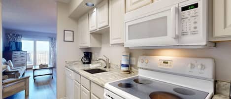 Fridge, microwave, dishwasher, coffee/tea maker