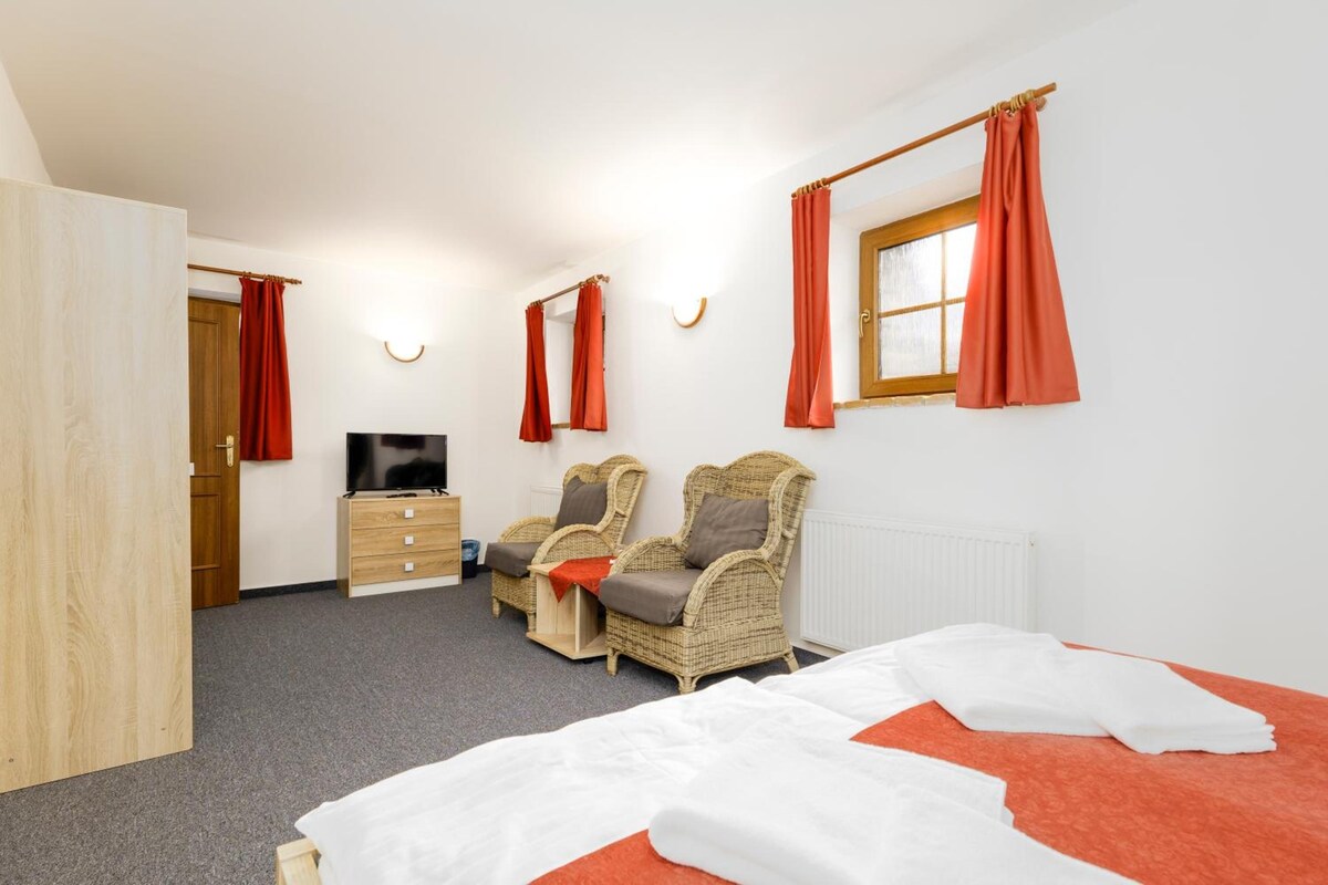 Habitación de hotel con cama, dos sillones de mimbre, televisor y ventana con cortinas.