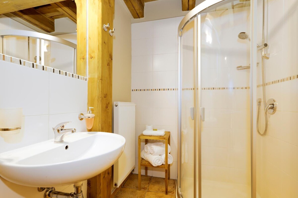 A bathroom with a white sink, a mirror, a shower, and a towel rack.