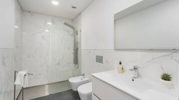Shower, hair dryer, bidet, towels