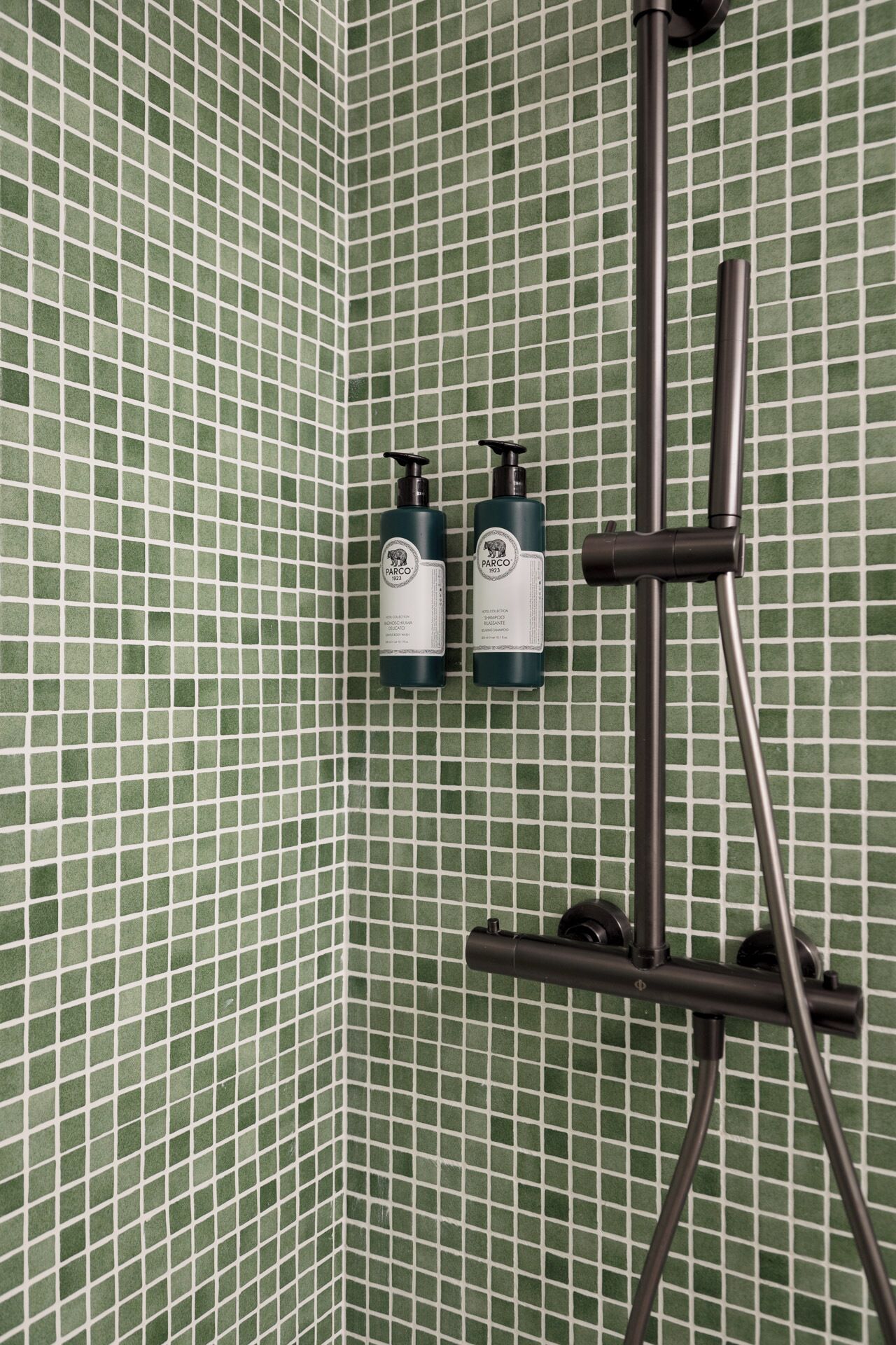 Une salle de bain avec des carreaux de mosaïque verts, une pomme de douche et deux bouteilles de shampoing Parco.