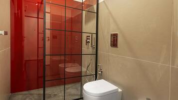 Shower, hair dryer, bidet, towels