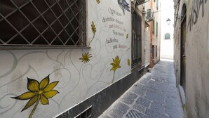Un callejón estrecho con un mural que muestra un pájaro y flores, y una ventana con reja de metal.