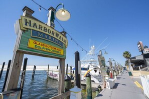 En småbåtshamn med en skylt som visar namnet Harborwalk Marina, och härifrån avgår båtturer med glasbotten för att titta på delfiner.