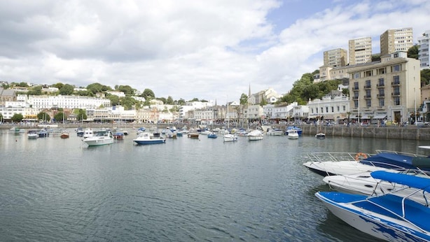 A harbor with boats docked, buildings along the waterfront, and a clear sky. - The Caledonian Torbay Hotel (Torquay)