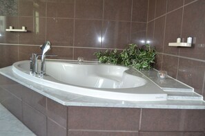 Une salle de bain moderne avec une grande baignoire, un comptoir en marbre et une plante en pot.