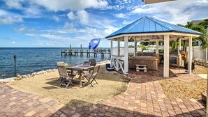 A covered outdoor seating area with a view of the ocean and pier.