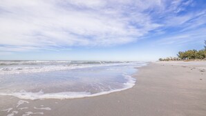 A beach with waves gently lapping at the shore, a clear sky, and a line of trees in the background.