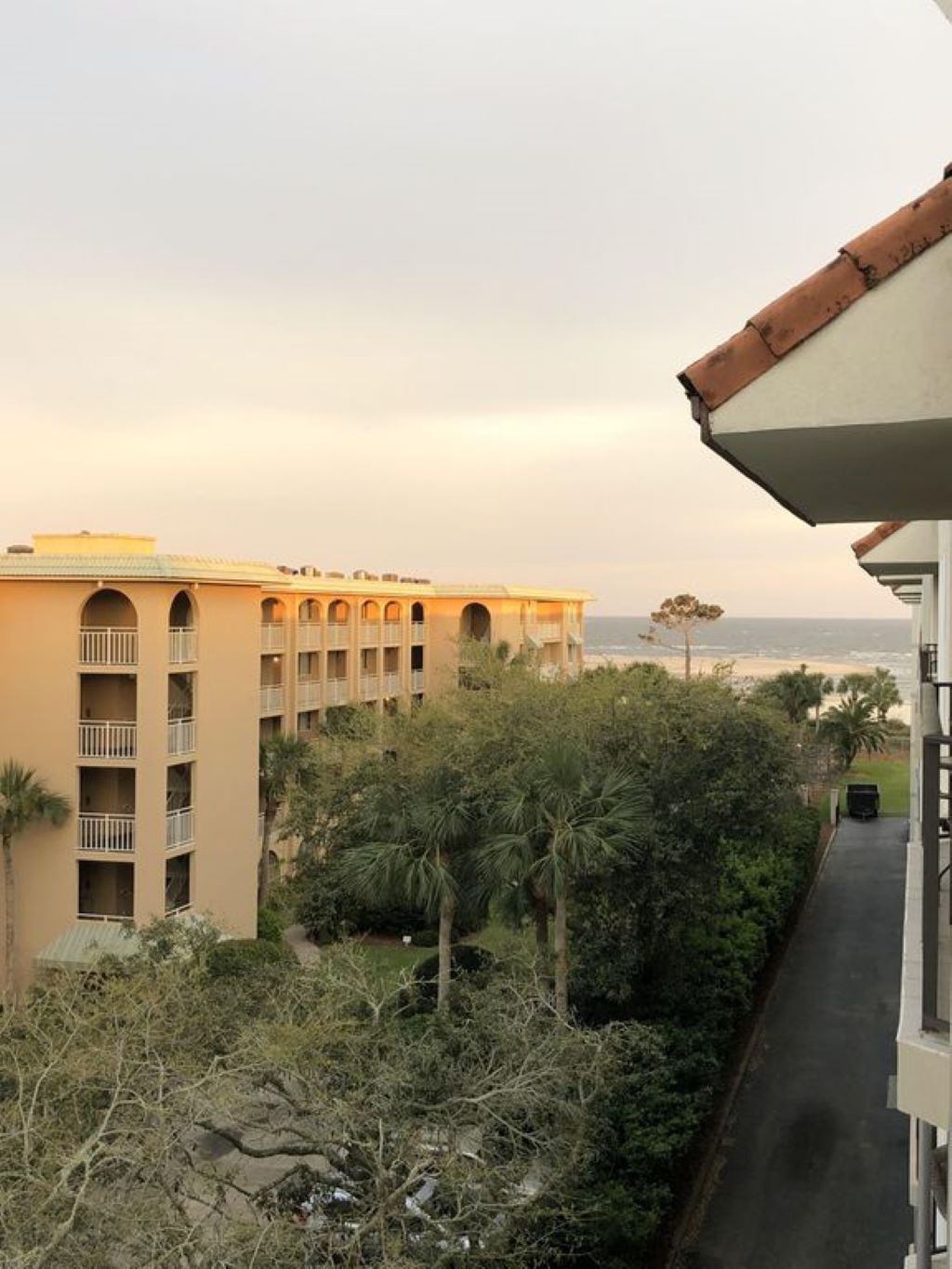 Un hotel con varios balcones, vistas a la playa y vegetación circundante.