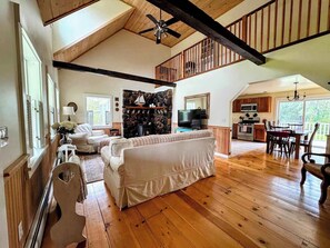 TV, fireplace, books, stereo