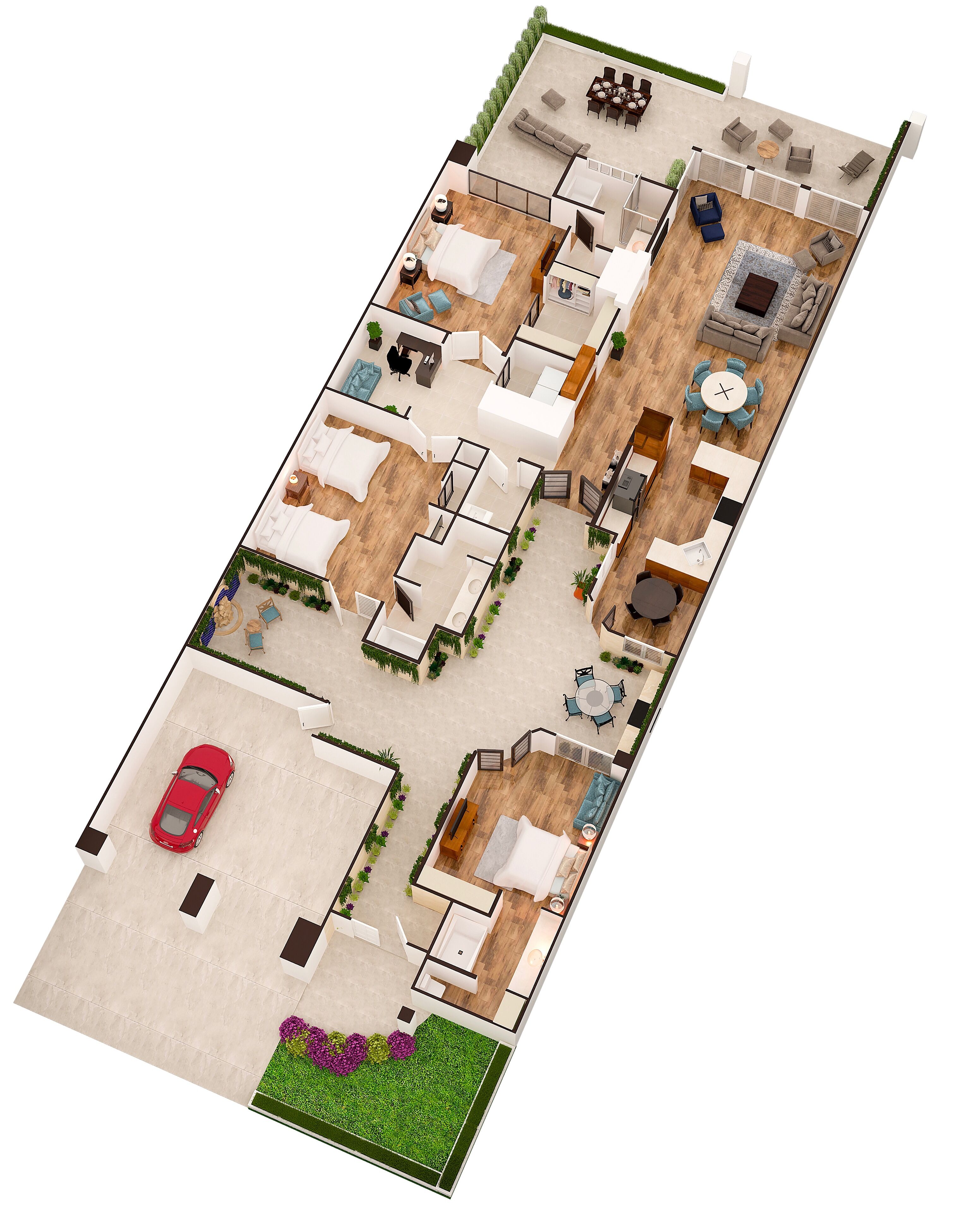 En 2D-ritning över planlösningen för en modern lägenhet med vardagsrum, kök, matplats och en liten balkong.