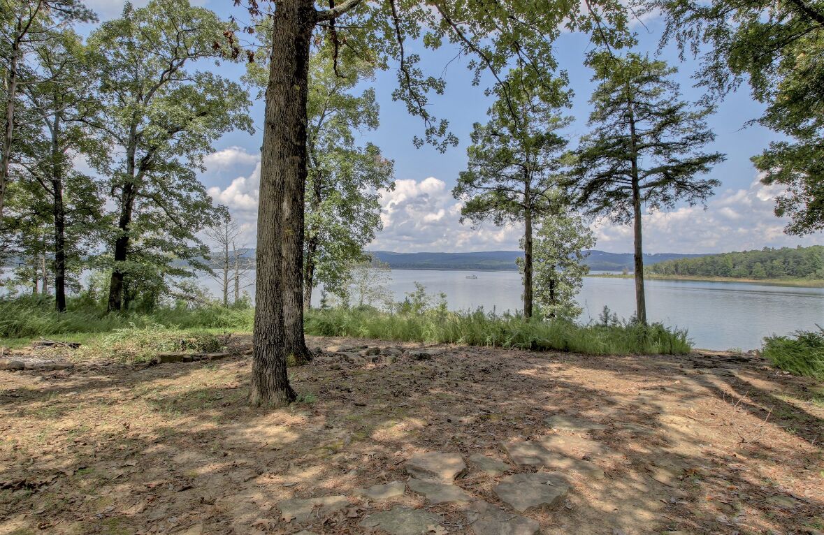 Paesaggio naturale con un lago, alberi e cielo sereno.